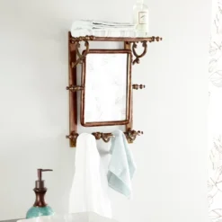15" X 20" Bathroom Wall Rack With Hooks And Rectangular Mirror - Olivia & May