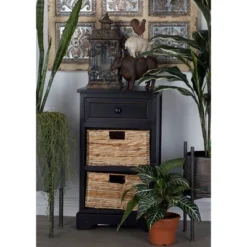 Farmhouse Wooden Chest With Wicker Basket Drawers Black - Olivia & May -Olivia & May GUEST 084a0a07 6a90 4104 a493 bfaea4f10a2e