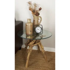 Log And Glass Round Accent Table Tan - Olivia & May -Olivia & May GUEST 0914774b f8e7 443b bd5a 63e4a85feb59