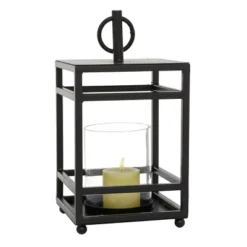 15.5" X 8" Round Metal/Glass Candle Holder Black - Olivia & May -Olivia & May GUEST 0c453fa3 91fe 4805 8bfc 652d66603399