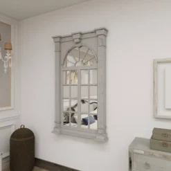Wood Window Panes Inspired Wall Mirror With Arched Top And Distressing Cream - Olivia & May -Olivia & May GUEST 0c63a1ad 0944 4285 ade8 6868033afbfd