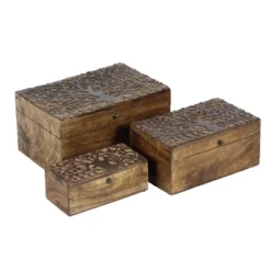 Set Of 3 Rustic Carved Mango Wood Boxes - Olivia & May -Olivia & May GUEST 0d21fa76 893c 41fb a8b3 126e12066f2b