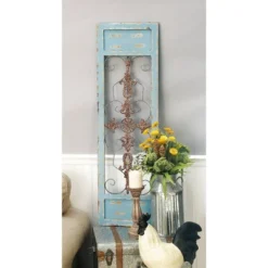 Wood Scroll Arabesque Wall Decor With Metal Fleur De Lis Relief Turquoise - Olivia & May