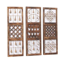 Wood Geometric Intricately Carved Wall Decor With Bells Set Of 3 Brown - Olivia & May -Olivia & May GUEST 148c64e3 4d2c 40a8 b407 82baebc46109