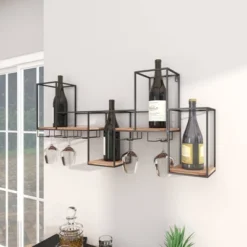 Metal Geometric 7 Bottle Wall Wine Rack With 5 Glass Holder Slots Black - Olivia & May -Olivia & May GUEST 15765207 9caf 4d51 a272 0b095818e2c7