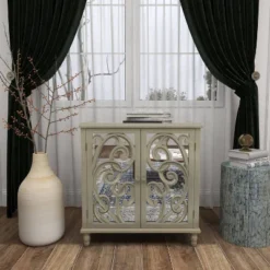 Glam Mirrored And Patterned Wood Cabinet Beige - Olivia & May -Olivia & May GUEST 175880c3 0a50 43d0 a1f6 775b5f5cb934