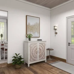 Rustic Wooden Cabinet With Carved Medallion Design Beige - Olivia & May -Olivia & May GUEST 180175a1 d4a4 469a 98cb 700c8aaa7bd8