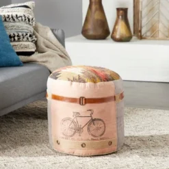 Cotton Pouf Featuring A Screenprinted Bicycle Illustration With Script - Olivia & May -Olivia & May GUEST 1819df16 a5fb 42c2 8ae8 f12b71e84687