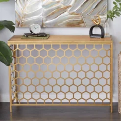 Contemporary Iron Beehive Pattern Console Table Gold - Olivia & May