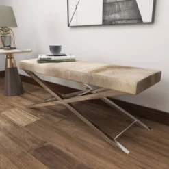 Contemporary Stainless Steel Cowhide X-Bench Beige - Olivia & May -Olivia & May GUEST 1b9b30c2 9177 4f0c 8314 90bb264c5ba0