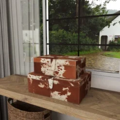 Set Of 2 Cowhide Leather Decorative Boxes Brown/White - Olivia & May -Olivia & May GUEST 1eff300b db80 444c 90a7 9e9d65a45dfd