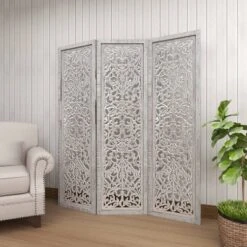 Farmhouse Wood Carved Room Divider Screen White - Olivia & May -Olivia & May GUEST 20ae6469 0945 4cab b049 d3c70c6fe138