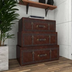 Traditional Faux Leather And Wood Chest Brown - Olivia & May -Olivia & May GUEST 211396c4 0ef1 43f4 b434 b4367df839d2