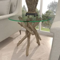 Log And Glass Round Accent Table Tan - Olivia & May -Olivia & May GUEST 225f90b4 f271 4eb2 a2fc b2db1c7ea502