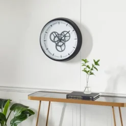 20" X 20" Round Metal Wall Clock With Functioning Gear Center Black/White - Olivia & May