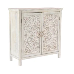Rustic Wooden Cabinet With Carved Medallion Design Beige - Olivia & May