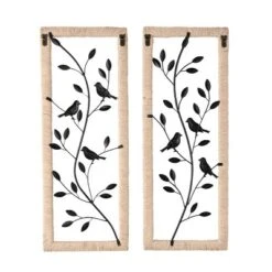 Set Of 2 Metal Leaf Wall Decors With Cream Rattan Frame And Bronze Bird Accents Black - Olivia & May: Iron Carving, Vertical Display, Nature Theme -Olivia & May GUEST 2636cc57 42be 4c72 8123 403736c3dbda