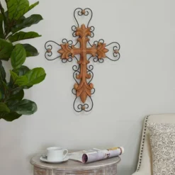 Wood Biblical Carved Cross Wall Decor With Metal Scrollwork - Olivia & May -Olivia & May GUEST 271775ba 4c14 4f1c 96a6 4063baf5817d