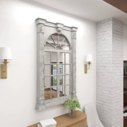 Wood Window Panes Inspired Wall Mirror With Arched Top And Distressing Cream - Olivia & May -Olivia & May GUEST 2e081231 e0ce 4b77 8b5e 8cf8a7136d9f