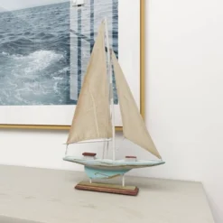 22" X 14" Decorative Coastal Pine Wood And Linen Sailing Boat Sculpture - Olivia & May -Olivia & May GUEST 309a782b 6b83 4d6d 90d5 7607ac8eacfe