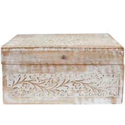 Set Of 3 Natural Mango Wood Whitewashed Carved Design Boxes With Lid - Olivia & May -Olivia & May GUEST 3cefa98d f818 4972 a20e ab6c2a5c61f4