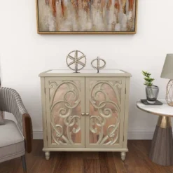 Glam Mirrored And Patterned Wood Cabinet Beige - Olivia & May -Olivia & May GUEST 40927811 614c 4e55 bb23 dafb49ccc53b