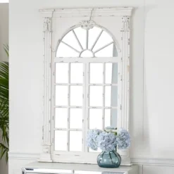 Wood Window Panes Inspired Wall Mirror With Arched Top And Distressing Cream - Olivia & May