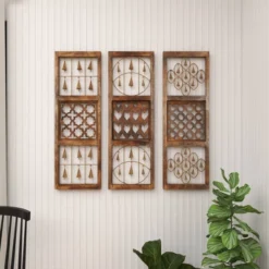 Wood Geometric Intricately Carved Wall Decor With Bells Set Of 3 Brown - Olivia & May -Olivia & May GUEST 453a4d65 4ef4 48f1 88ce 71e41e3cffd2
