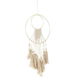 Cotton Macrame Handmade Wall Decor With Wood Beads And Gold Circular Frame Cream - Olivia & May
