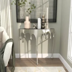 Olivia & May Aluminum Drip Console Table With Melting Designed Legs And Shaded Glass Top -Olivia & May GUEST 45e81516 a793 42c0 9bb6 a443795abf66