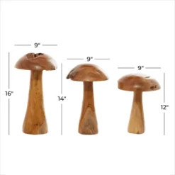 Set Of 3 Teak Wood Mushroom Handmade Live Edge Sculpture With Natural Smooth Finish Brown - Olivia & May -Olivia & May GUEST 46d2cd55 1b72 47c2 857b 200c2399b239