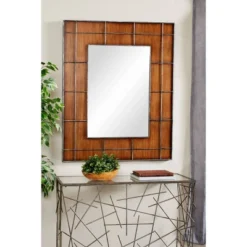 36" X 44" Large Rectangular Wood Wall Mirror With Metal Grid Overlay Golden Brown - Olivia & May