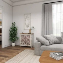 Natural Wood Cabinet With Trellis Doors Light Brown - Olivia & May -Olivia & May GUEST 48067493 326c 4fe4 8249 4847fc3e3c42