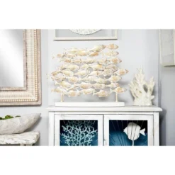 18" X 24" Decorative Coastal Style Carved Metal Fish Sculpture White/Gold - Olivia & May