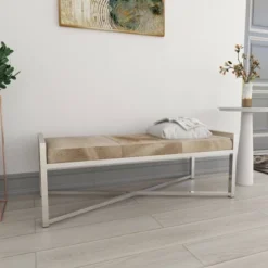 Contemporary Stainless Steel Rectangular Cowhide Bench - Olivia & May -Olivia & May GUEST 52a5dd00 1d8d 43f7 9c77 01fc741da729