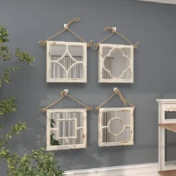 Wood Carved Designs Wall Mirror With Rope Hanger Set Of 4 White - Olivia & May -Olivia & May GUEST 5706bd4c 0ac3 4404 ad73 68d6ce836d13