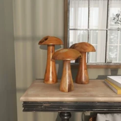 Set Of 3 Teak Wood Mushroom Handmade Live Edge Sculpture With Natural Smooth Finish Brown - Olivia & May -Olivia & May GUEST 57dd5454 3b3a 4237 a7d2 95c095bc627b
