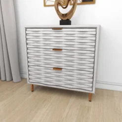 Contemporary Carved Woven Pattern 3 Drawer Wood Cabinet White - Olivia & May -Olivia & May GUEST 58ddecf4 2a75 4a3c afc2 c8a554346c80