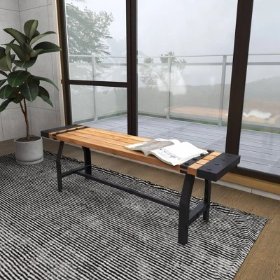 Industrial Metal And Brown Wood Bench Brown - Olivia & May 11 Industrial Metal And Brown Wood Bench Brown - Olivia & May - Image 9