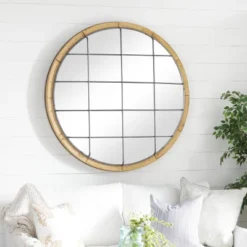 Industrial Wood Round Wall Mirror Brown - Olivia & May