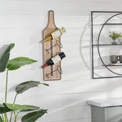 Wood Bottle Shaped 4 Bottle Wall Wine Rack With Beaded Frame Brown - Olivia & May 3 Wood Bottle Shaped 4 Bottle Wall Wine Rack With Beaded Frame Brown - Olivia & May