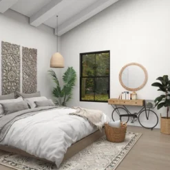 Wood Beaded Frame Wall Mirror With Distressing Light Brown - Olivia & May -Olivia & May GUEST 60a0008f 833d 44f6 9220 2187e7dd03f3