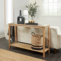 Olivia & May Wood Slim Natural 1 Shelf Console Table With Glass Top And Rattan Shelf Brown -Olivia & May GUEST 6117fa97 753d 4595 9e1a a9882c21ebba