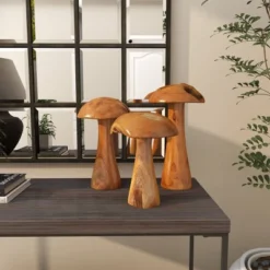 Set Of 3 Teak Wood Mushroom Handmade Live Edge Sculpture With Natural Smooth Finish Brown - Olivia & May -Olivia & May GUEST 61d68840 e646 4f01 a747 0e0cc0e11ba2