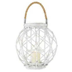 15" X 15" Woven Rattan/Glass Lantern With Burlap Jute Rope Handle White - Olivia & May -Olivia & May GUEST 629a090a b266 4d39 8ac4 049a4a115f18