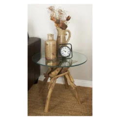 Log And Glass Round Accent Table Tan - Olivia & May -Olivia & May GUEST 6505cb9f 787b 4858 a4b0 d82ac1081f9d