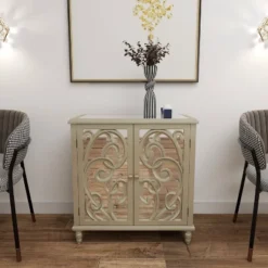 Glam Mirrored And Patterned Wood Cabinet Beige - Olivia & May -Olivia & May GUEST 65836c18 9ce4 4cae 941d c02d580f1f76