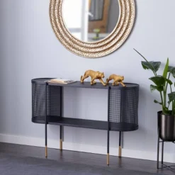 Olivia & May Contemporary Metal Oval Console Table Black: Iron Frame, Fixed Shelf, No Assembly Required
