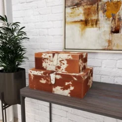 Set Of 2 Cowhide Leather Decorative Boxes Brown/White - Olivia & May -Olivia & May GUEST 67172034 5d48 452d bef0 5207cf464b62