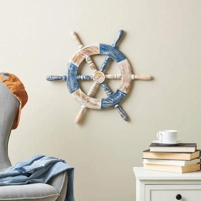 Olivia & May 22"x19" Wood Ship Wheel Distressed Two-Toned Wall Decor With Brown Accents Blue: Nautical Theme, Horizontal Orientation 3 Olivia & May 22"x19" Wood Ship Wheel Distressed Two-Toned Wall Decor With Brown Accents Blue: Nautical Theme, Horizontal Orientation